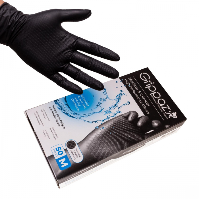 Grippaz - Robuste rutschfeste Nitrilhandschuhe, schwarz, 50 St.