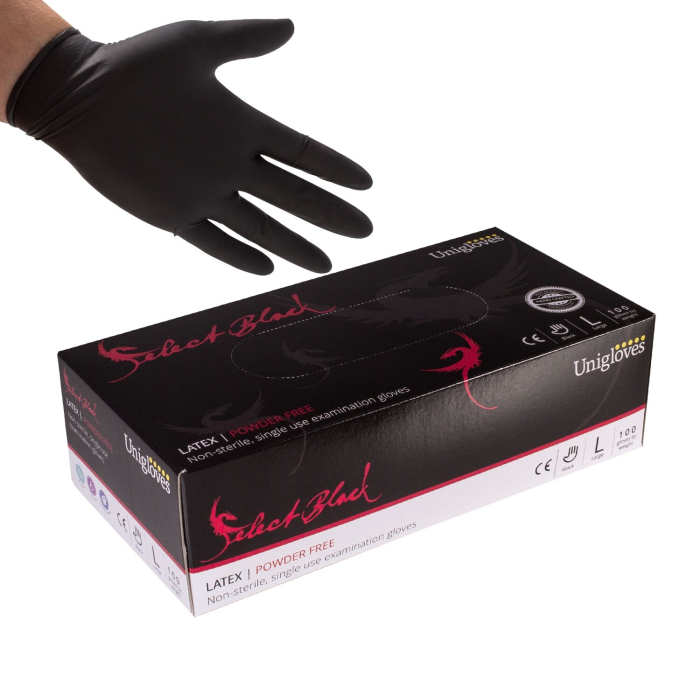 Box mit 100 Unigloves Select Black Puderfreie Latex handschuhe