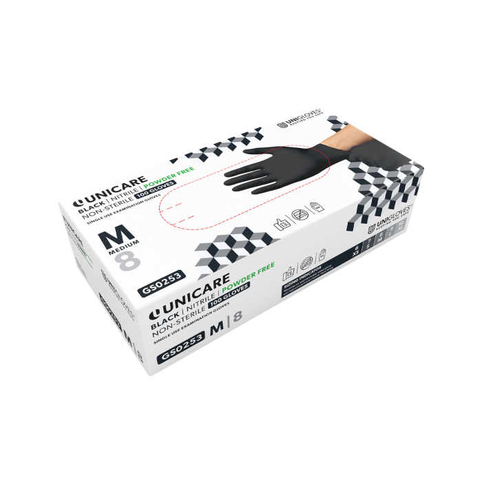 Box mit 100 schwarzen Unicare Nitrilhandschuhen