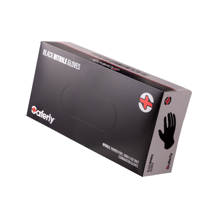 Box mit 100 Saferly schwarzen Nitrilhandschuhen - Karton mit 10 Boxen