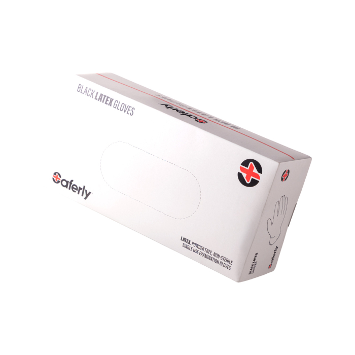 Box mit 100 Saferly schwarzen Latexhandschuhen - Karton mit 10 Boxen