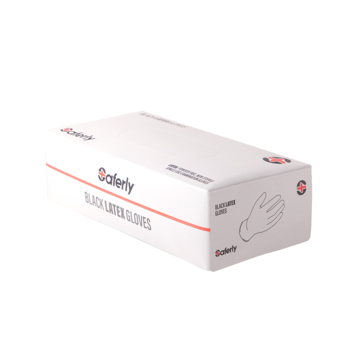 Box mit 100 Saferly schwarzen Latexhandschuhen - Karton mit 10 Boxen
