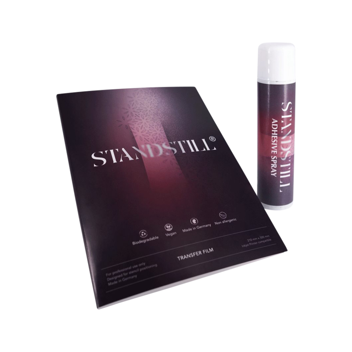 Box mit 25 StandStill Transferfolien und Adhesive Stencil Spray
