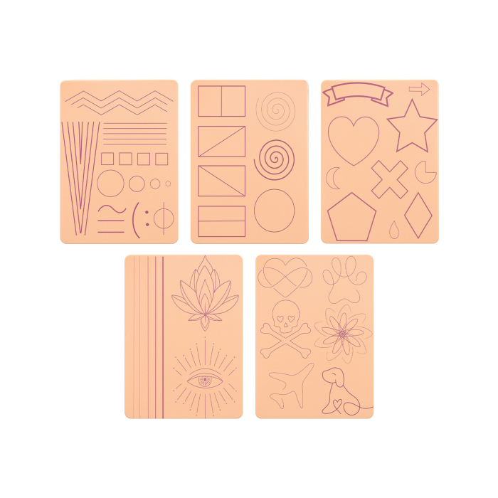 Set mit 5 Stencil Skins® Übungshäuten mit vorgedruckten Designs - Original