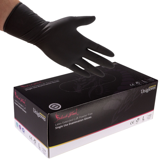 Box mit 100 Unigloves Select Black Latex handschuhe - Lange Stulpe