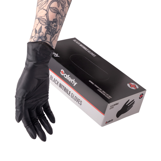 Box mit 100 Saferly schwarzen Nitrilhandschuhen - Karton mit 10 Boxen