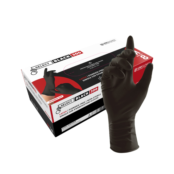 Box mit 100 Unigloves Select Black Latex handschuhe - Lange Stulpe