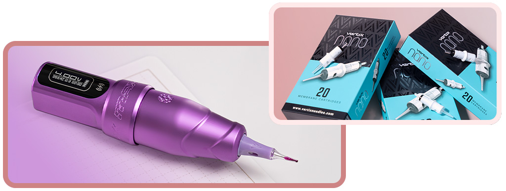Lila Permanent Make-up Maschine und Vertix Nano Kartuschen in blauer und schwarzer Verpackung
