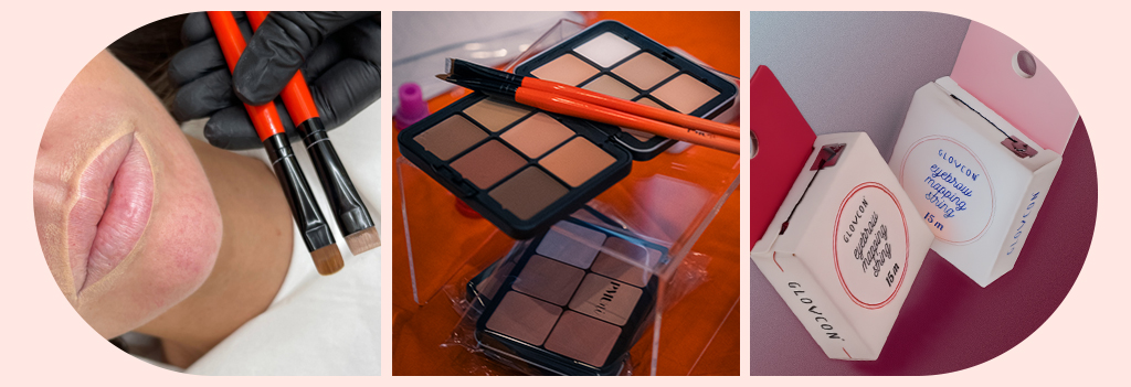 Drei Produktbilder: die PMUni Carve Pre Draw Brushes, die PMUni 12 Shade Cream Concealer Palette und Augenbrauen-Mappingfaden.
