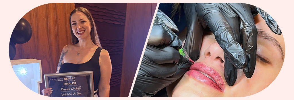 Roxie, Gründerin von PMU Device & Co, mit einer Auszeichnung links und einer Kundin bei der Lip-Blush-Behandlung rechts